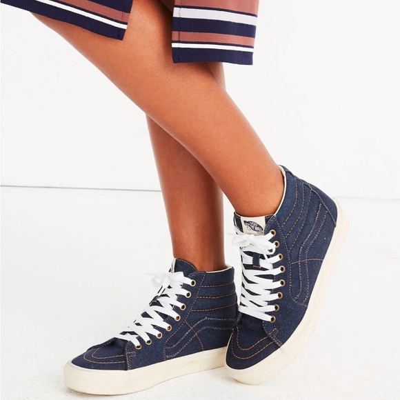 Vans x Madewell Sk8-Hi Slim High Top Denim Sneakers - Navy and Cream Sz 7.5 - Picture 1 of 9
